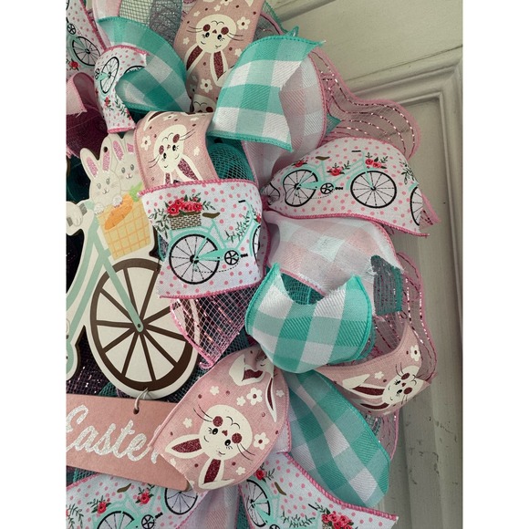 Happy Easter Bunny Rabbit Bicycle Deco Mesh Ribbon Spring Wreath Door Hanger - Picture 6 of 9